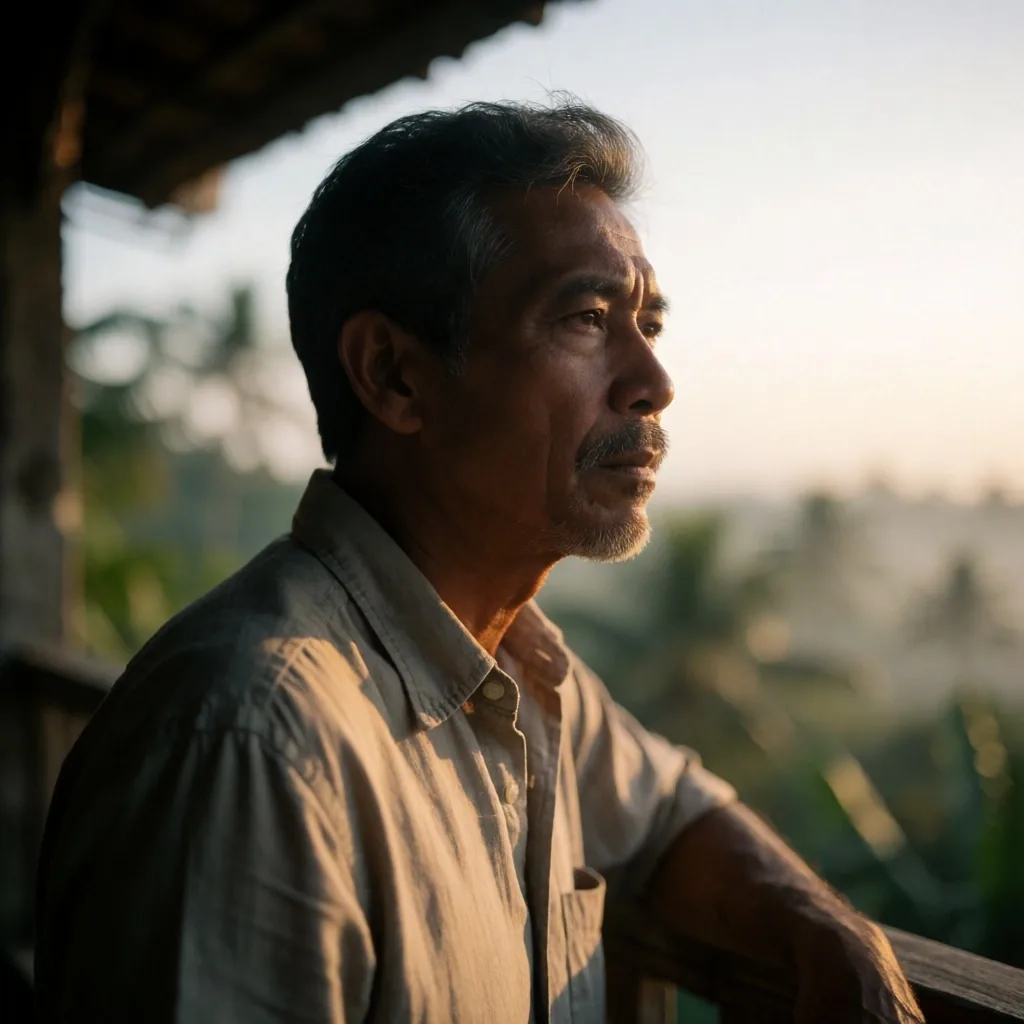 Indonesian man at dawn overlooking Bali