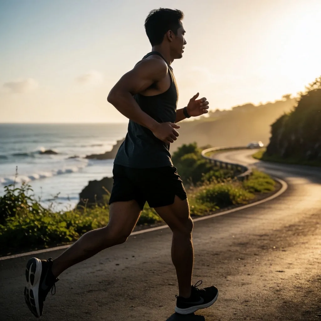 Man running along a Bali coastal road at golden hour
