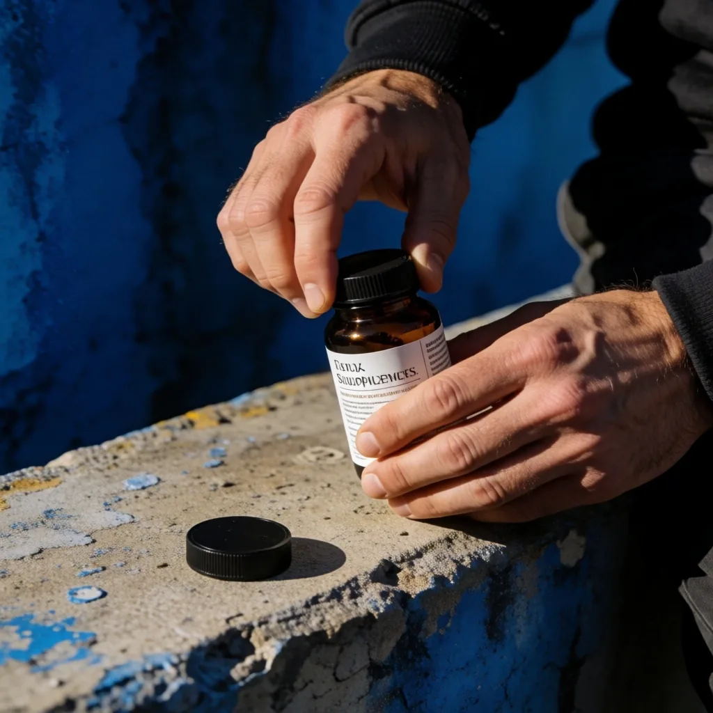 Hands opening a supplement bottle on concrete