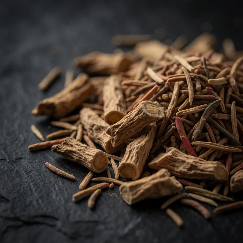Dried ashwagandha root on a dark surface