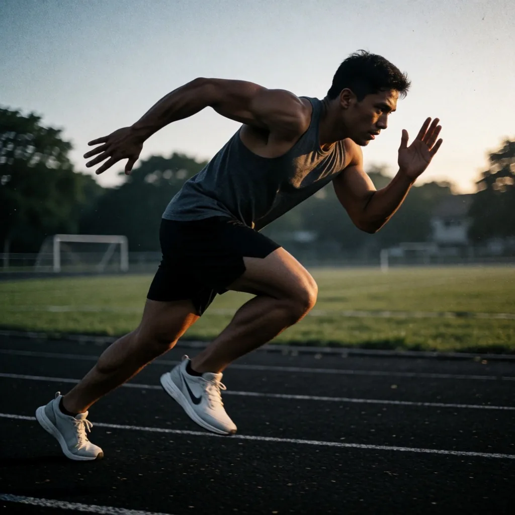 Man sprinting at dawn on an outdoor track