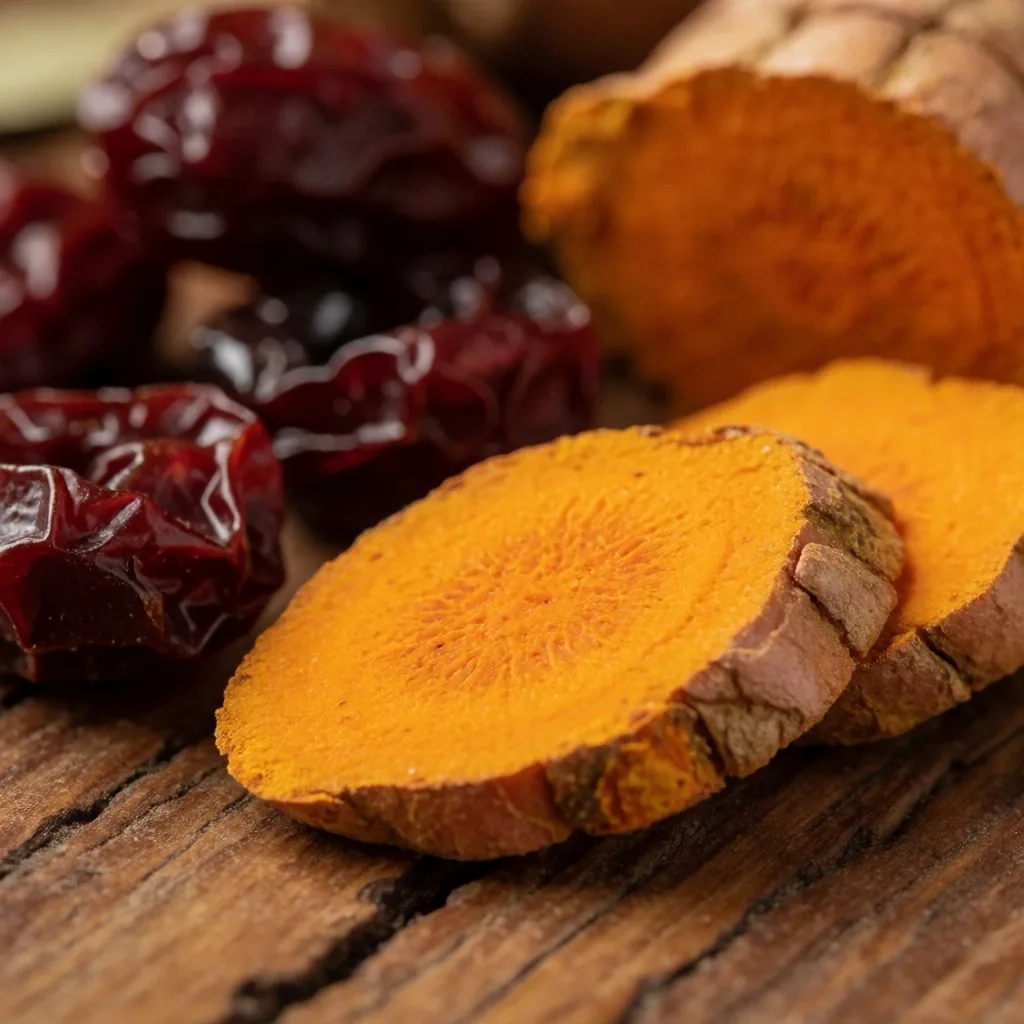Turmeric root and tart cherries on wood