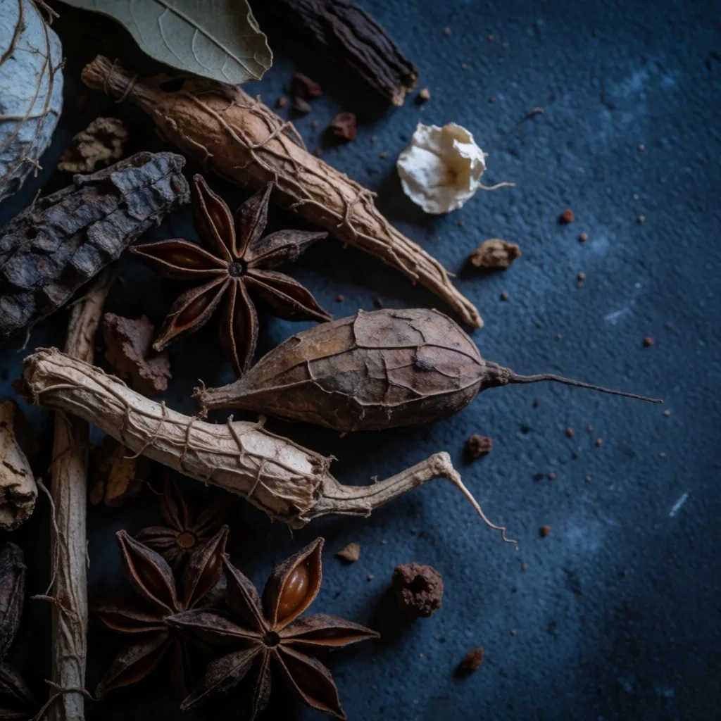 Dried botanical roots and herbs on a concrete surface