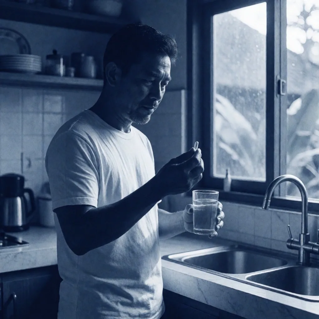 Man taking a natural supplement with water in a Bali kitchen