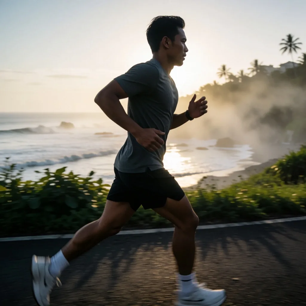 Man running at dawn along a Bali coastal road