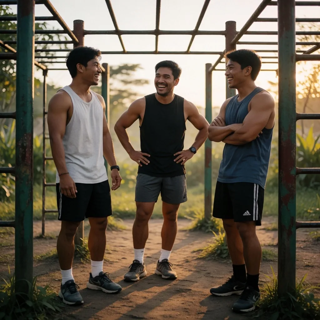 Three men talking after a workout at an outdoor Bali training area