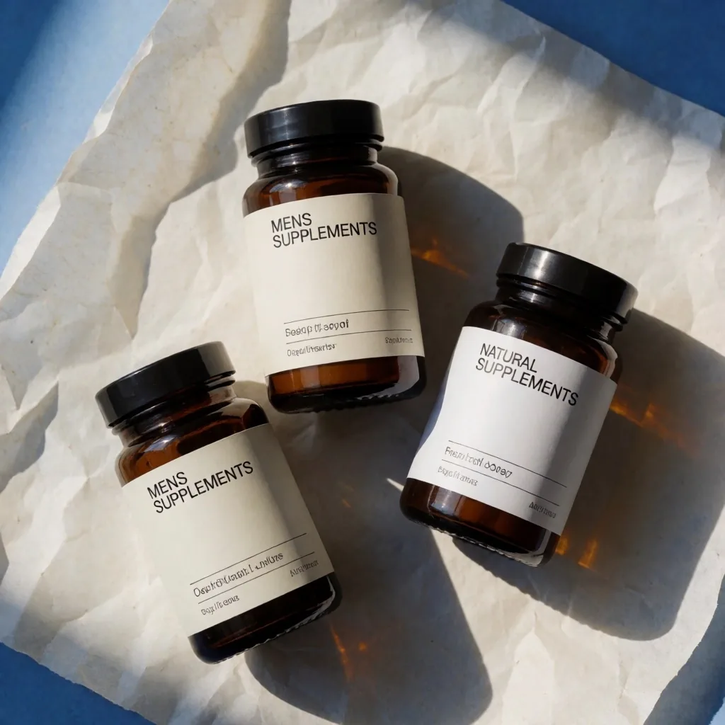 Amber supplement bottles arranged on paper