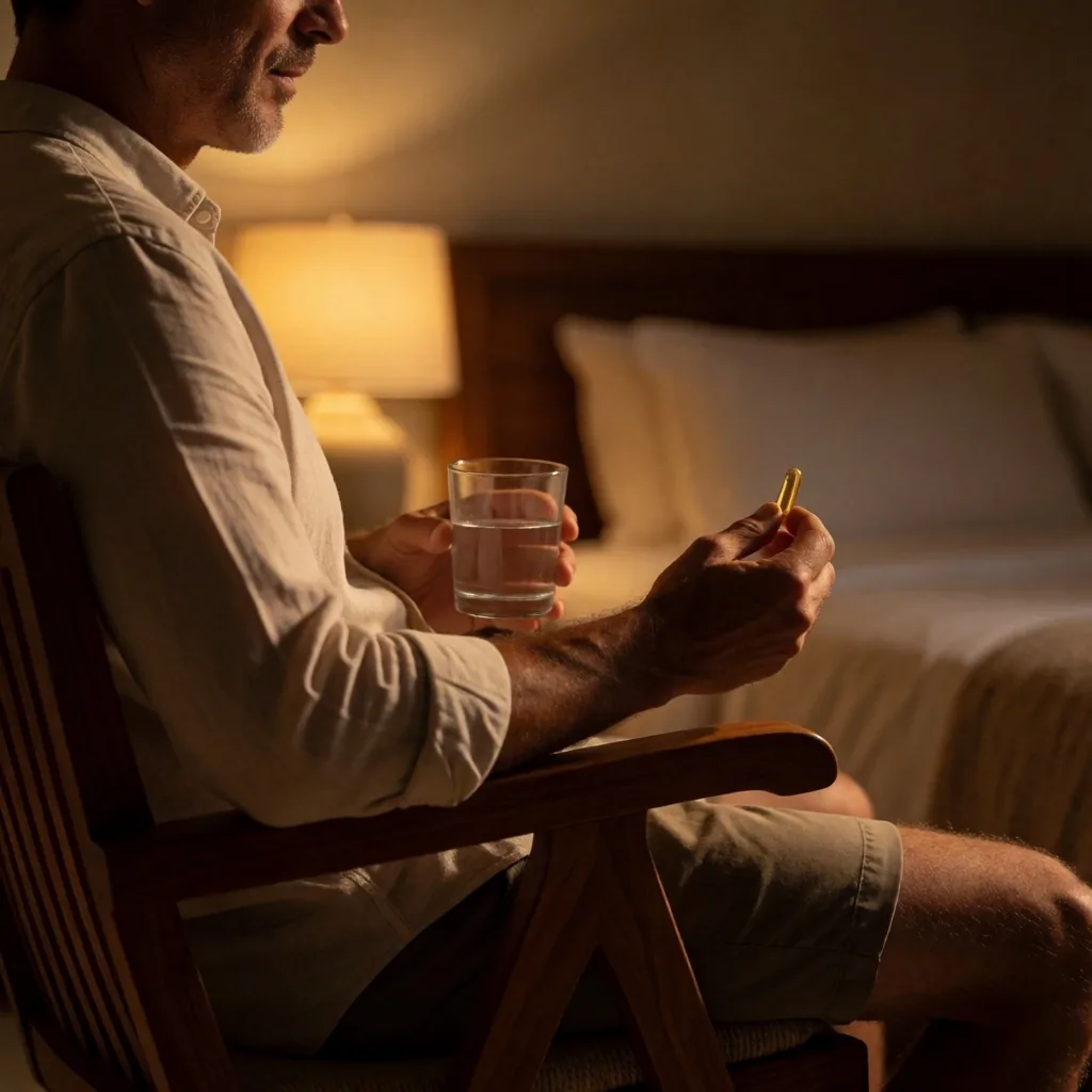 Man taking evening supplement in soft light