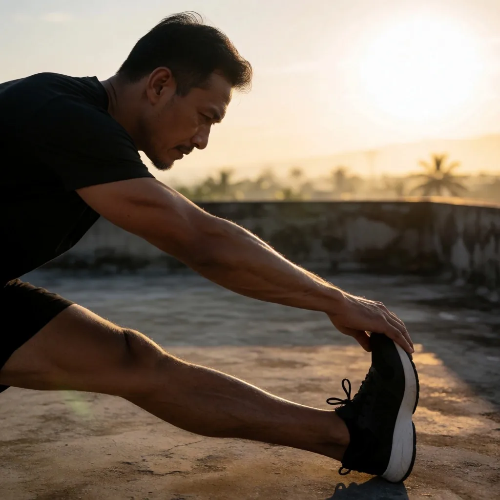 Man stretching at sunrise on a Bali rooftop