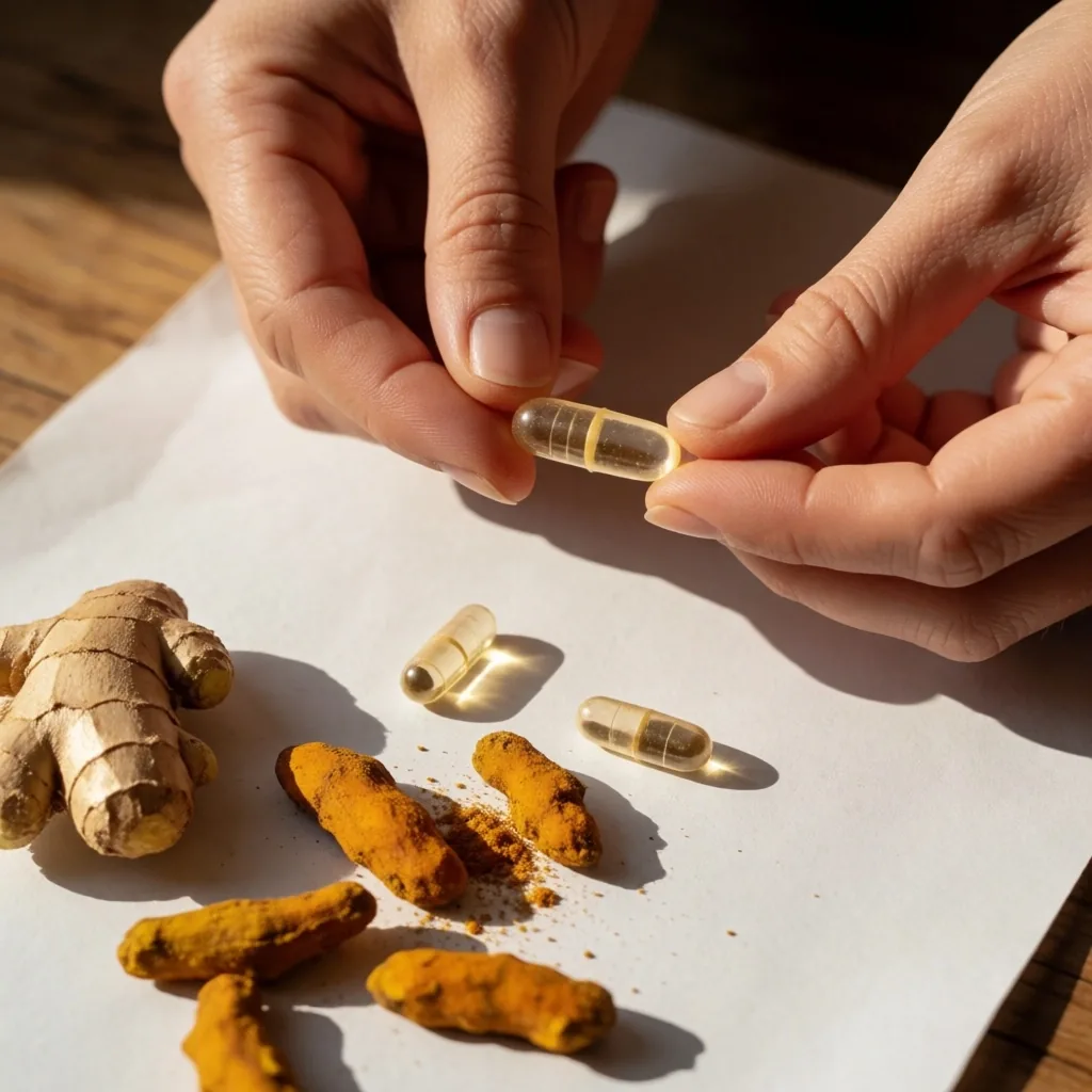 Natural supplement capsules and ingredients on paper