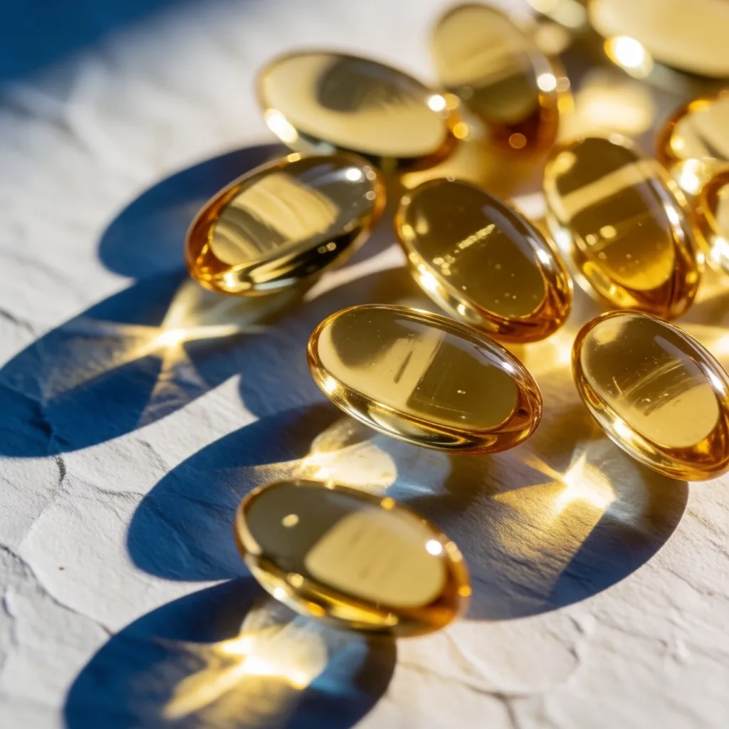 Omega-3 fish oil capsules on paper