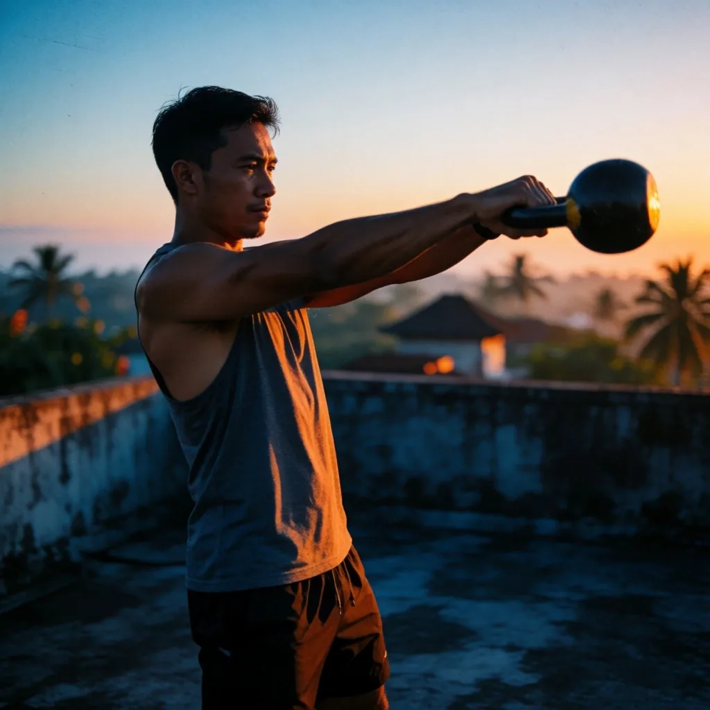 Man training at dawn on a Bali rooftop