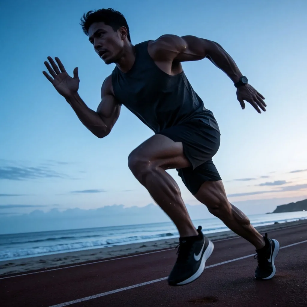 Man running on outdoor track at dawn
