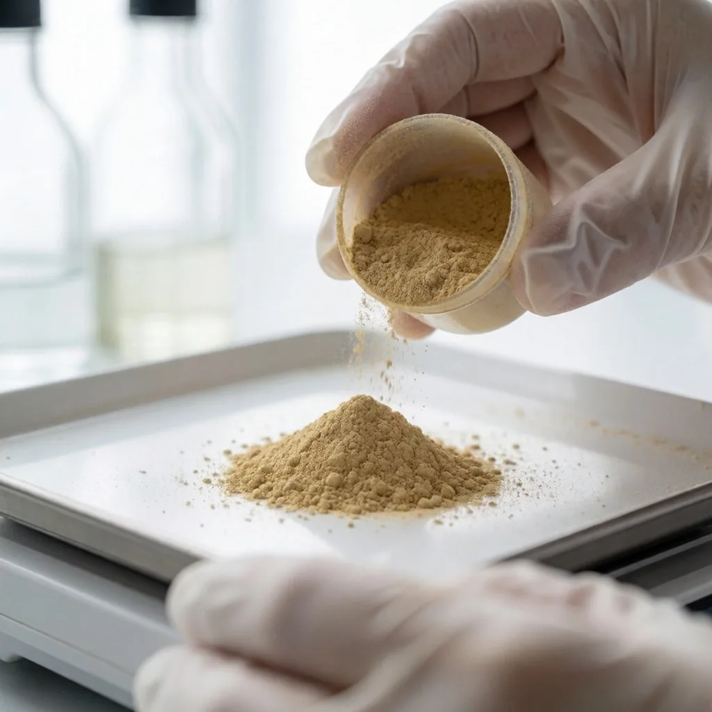 A measuring scoop portioning herbal powder
