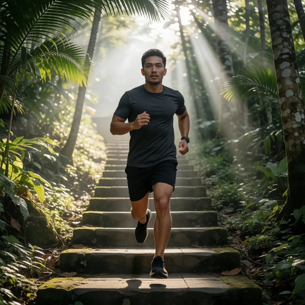 A man mid-stride on a stone stairway in Bali