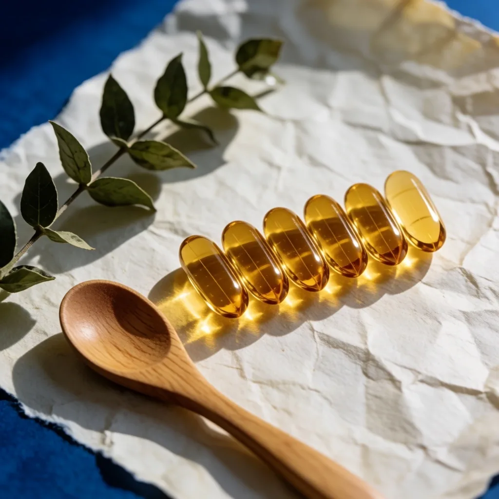 Capsules arranged on paper with a wooden spoon